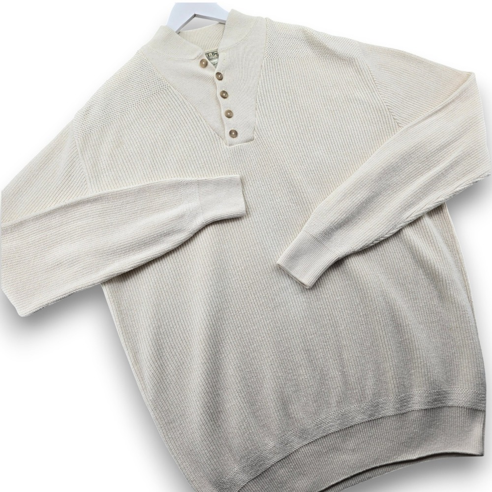 LL Bean Henley Sweater Mens 2X-Long Cream Cotton Knit Made in USA Button Neck
